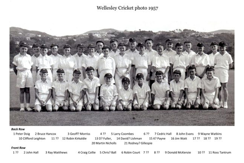 Wellesley College cricket team in 1957, posed together in their uniforms for a group photo
